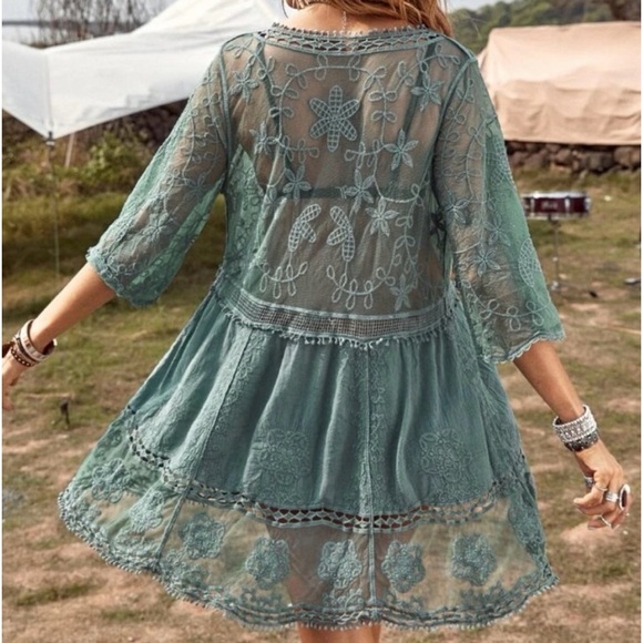 NWT Sage Green Crochet Lace Long Sleeve Dress Coverup - Picture 2 of 6